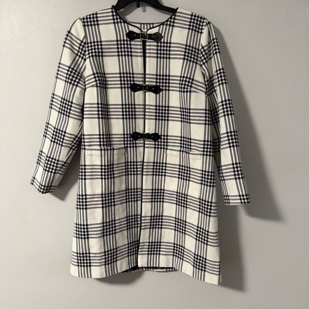 Girl With Curves Plaid Coat‎ Black Ivory Faux Leather Trim Buckle Women's 14